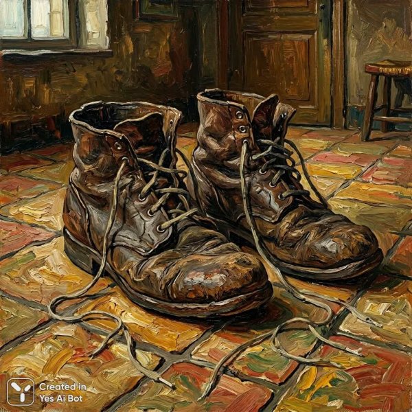 Старинные кожаные башмаки: простота и реализм в стиле Ван Гога. Картинка из нейросети Nano Banana