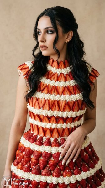 Подробнее о "Ягодная фея в кремовом платье: футуристичный стиль высокой моды. Изображение из нейронной сети Нано Банана"