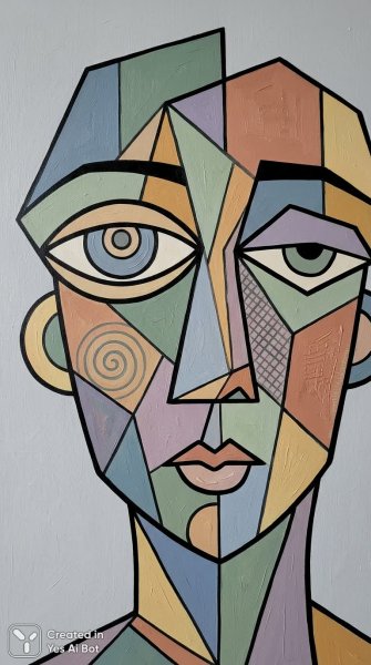Кубистический портрет с яркими геометрическими формами и спиралями. Генерация из нейросети Нано Банана
