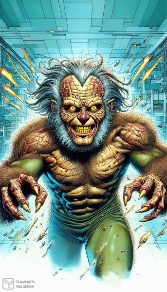 Лицо с хищной ухмылкой: супердетализированный комикс в стиле семидесятых. Изображение из нейронной сети Dalle-3