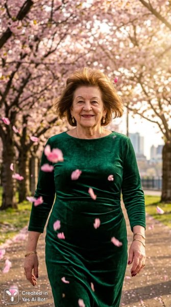 Вечная элегантность: прогулка в розовом бархате под цветущими деревьями. Нейросеть Nano Banana