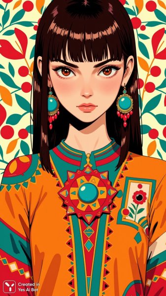 Портрет девушки в этническом стиле с яркими украшениями и сложным орнаментом. Изображение из нейронной сети Flux.1