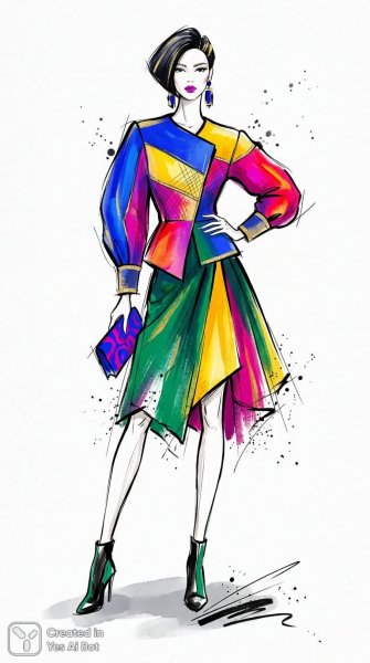 Элегантная мода в двух измерениях: яркая иллюстрация с уверенной позой и акцентами роскоши. Нейросеть NanoBanana