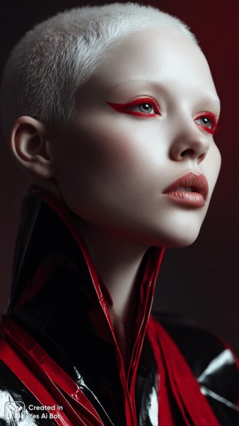 Альбиноска вампирша: мода, мрак и элегантная угроза в студии. Картинка из нейронной сети Midjourney