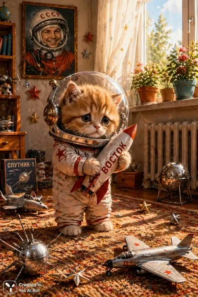 Обиженный котенок-космонавт и его первая ракета Восток. Изображение из нейронной сети Sora