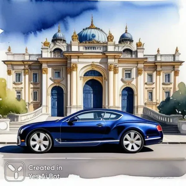 Изысканный Bentley у роскошного дворца в синем великолепии. Генерация из нейронной сети Stable Diffusion
