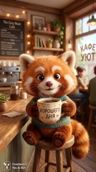 Уютное утро с милым пиксельным котиком и чашкой кофе. Картинка из нейросети Нано Банана