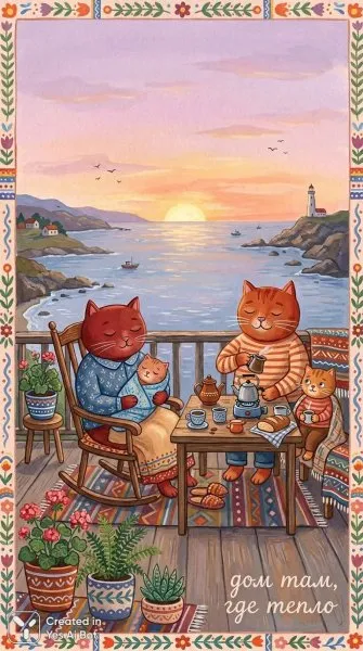 Утро на балконе: кошачья семья и домашний уют у моря. Картинка из нейросети Нано Банана