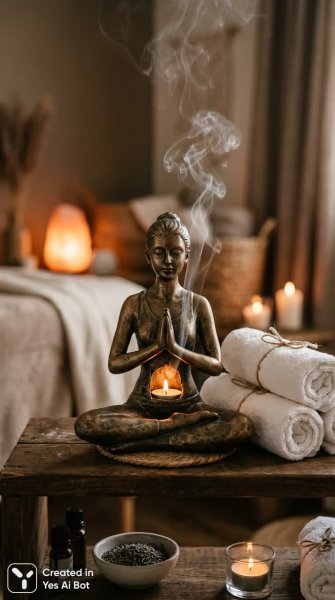 Бронзовая йога: спокойствие и тепло спа-атмосферы в фотореализме. Картинка из нейросети Нано Банана