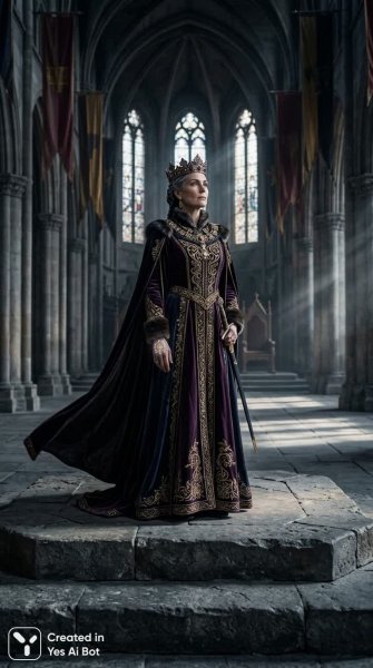 Одинокая королева в величественном зале: портрет силы и угасающей магии. Картинка из нейронной сети Нано Банана