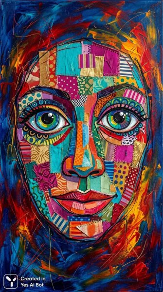 Яркий портрет из лоскутков: глубокое синее полотно с отблесками огня и алого цвета. Картинка из нейронной сети NanoBanana