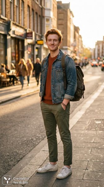 Молодой человек на закате городского дня: уличный портрет в стиле кинореализма. Генерация из нейросети NanoBanana