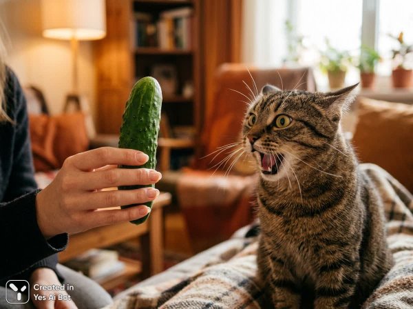Неожиданная встреча кота с огурцом: реакция и удивление. Картинка из нейронной сети NanoBanana