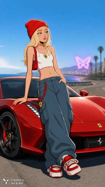 Девушка в красной шапке у Ferrari: яркий образ в стиле Y2K. Картинка из нейронной сети Sora images Ai