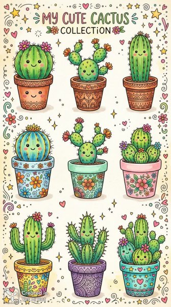 Кактусы в забавных горшочках: игривое искусство Zentangle и Kawaii стиль. Генерация из нейросети NanoBanana