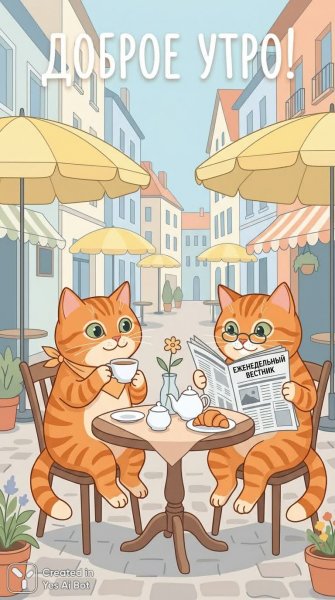 Коты в кафе: уютное утро с чашкой чая и газетой под солнцем. Картинка из нейросети Nano-Banana