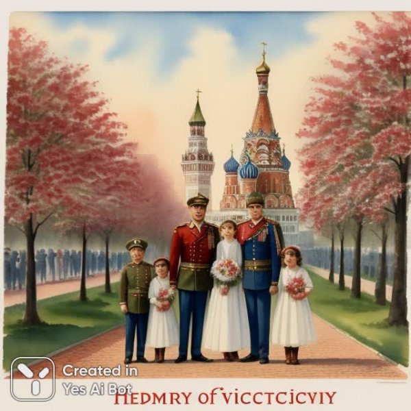 Семейная открытка ко Дню Победы в стиле реалистичной акварели. Нейронная сеть Stable Diffusion