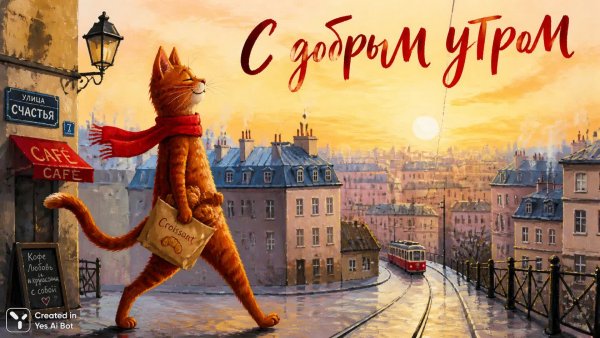 Раннее утро в городе: рыжий кот с круассаном и рассвет над крышами. Изображение из нейронной сети Sora Ai Images