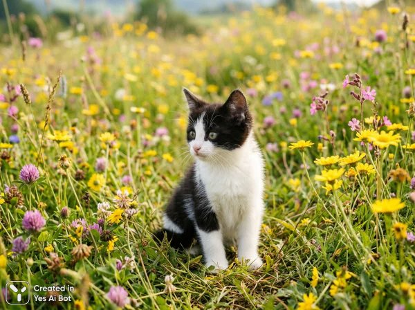 Маленький котенок в поле разноцветных цветов: идиллия природы и любопытства. Нейросеть Нано Банана