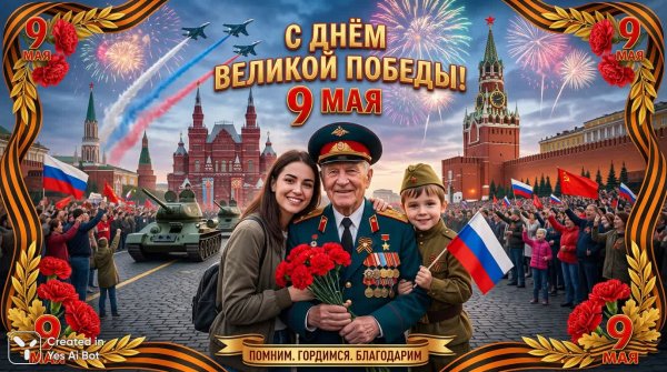 Праздничный салют над Красной площадью в честь Дня Победы. Генерация из нейросети NanoBanana