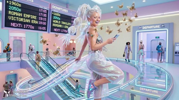 Неземная красота в будущем: портрет футуристической дивы аэропорта времени. Нейронная сеть NanoBanana