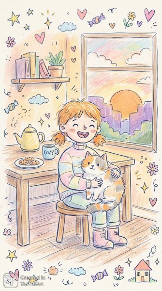 Уютный мир: рисунок девочки и кота в теплом закатном свете. Нейронная сеть Nano Banana