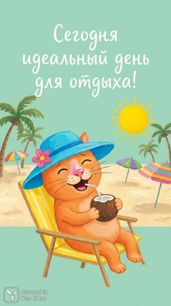 Летнее настроение: котик на пляже в ярком акриле. Изображение из нейросети Nano-Banana