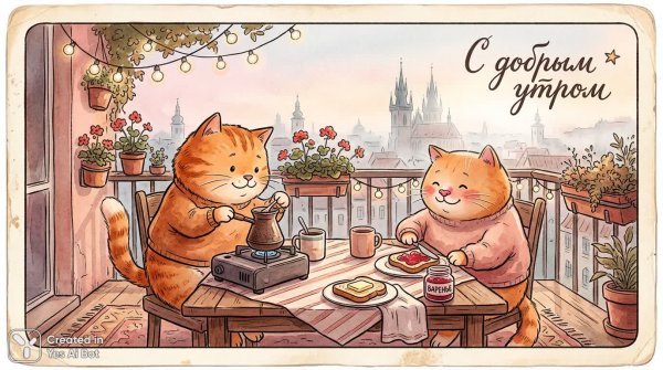 Уютное утро на балконе: котики пьют кофе и завтракают с любовью. Генерация из нейросети Nano-Banana