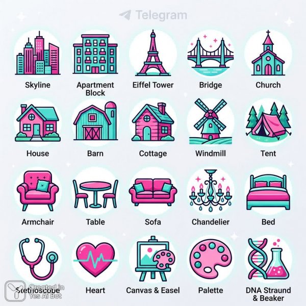 Иконки Telegram в стиле Tiffany и Pink: Город, Дом, Здоровье и Искусство. Картинка из нейросети Нано Банана