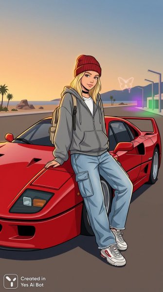 Девушка в красном берете у Ferrari на закате. Нейронная сеть NanoBanana