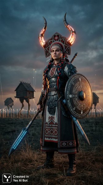 Стражница эпох: кибер-войныца в славянском кокошнике и плазме. Нейронная сеть Nano-Banana