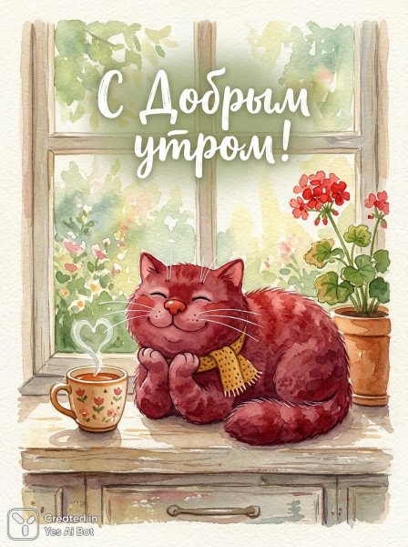 Утро с рыжим котом и чашкой чая: акварельная нежность. Генерация из нейросети Nano-Banana