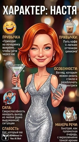 Настя: Ироничный портрет с русским колоритом и забавными деталями персонажа. Нейросеть Нано Банана