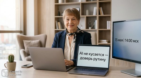 Уверенная женщина в современном офисе: работа с искусственным интеллектом. Картинка из нейронной сети NanoBanana
