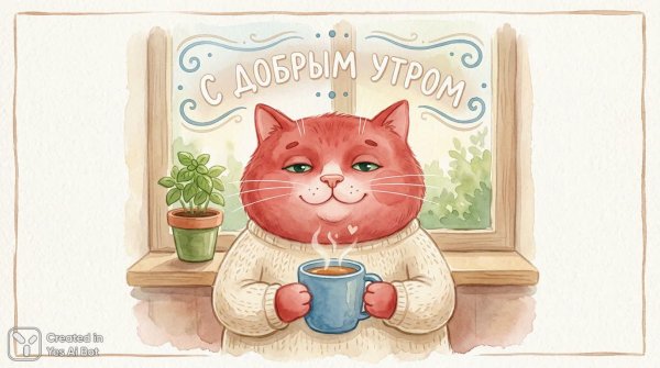 Уютное утро с котиком и чашкой голубого чая в нежной акварели. Изображение из нейросети Nano Banana