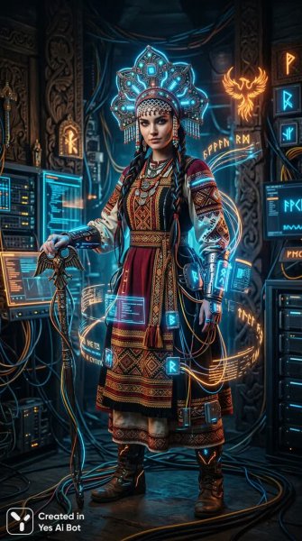 Слияние мифов и технологий: древняя сила в цифровом мире. Картинка из нейросети Нано Банана
