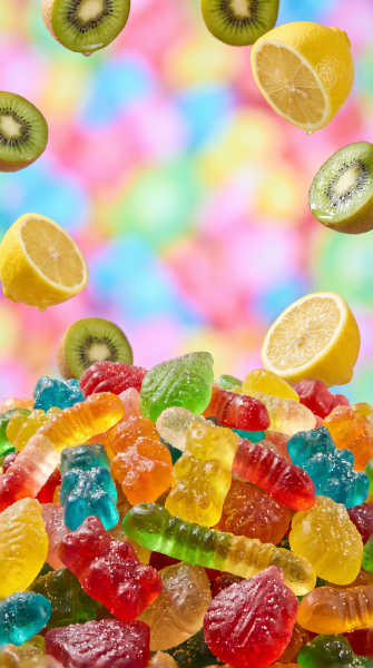 Яркие конфеты и фрукты: летнее наслаждение в стиле candy crush. Картинка из нейронной сети NanoBanana