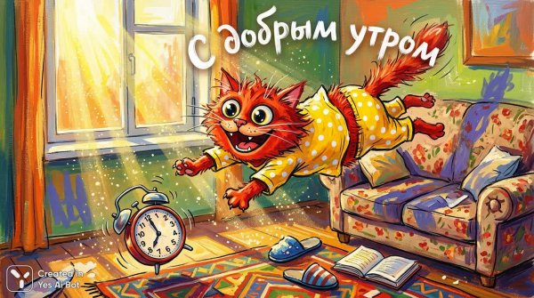 Кот в солнечных лучах: утренняя радость и игривый хаос в акриловой иллюстрации. Картинка из нейронной сети Нано Банана