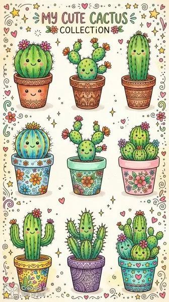 Кактусы в забавных горшочках: игривое искусство Zentangle и Kawaii стиль. Генерация из нейросети NanoBanana