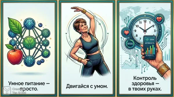 Иконки и слоганы: здоровый образ жизни и умное питание. Нейронная сеть Nano Banana