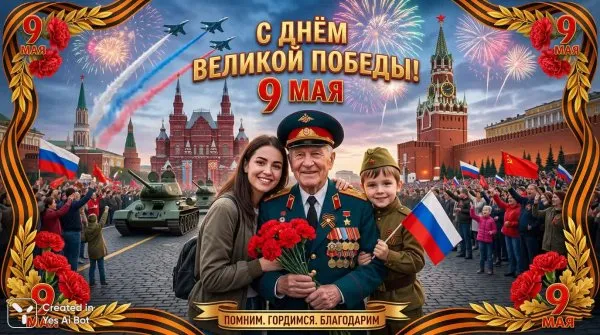 Праздничный салют над Красной площадью в честь Дня Победы. Генерация из нейросети NanoBanana