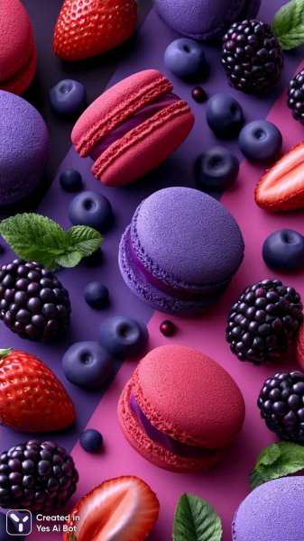 Ягодный десерт: фиолетовые макаруны с черникой и ежевикой. Нейронная сеть Midjourney