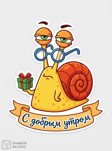 Забавный улитка с подарком и пожеланием доброго утра. Изображение из нейросети Nano-Banana