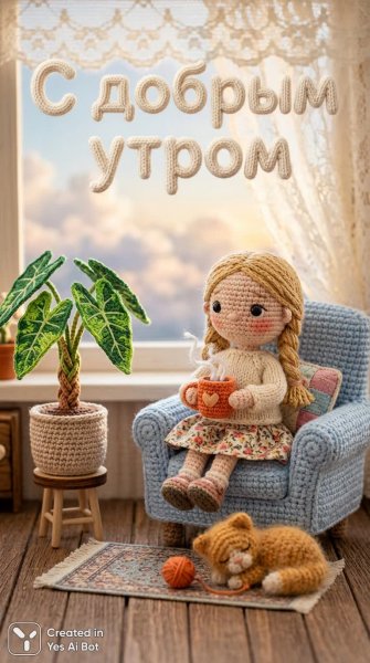 Уютное утро с вязаными друзьями и чашкой чая. Картинка из нейросети NanoBanana