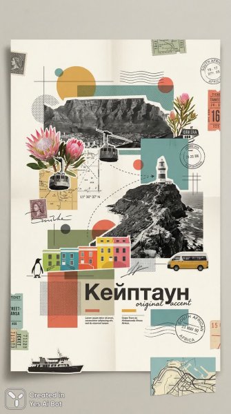 Яркий Кейптаун: Коллаж в стиле винтажного путешествия с культовыми достопримечательностями и локальными деталями. Картинка из нейронной сети Нано Банана