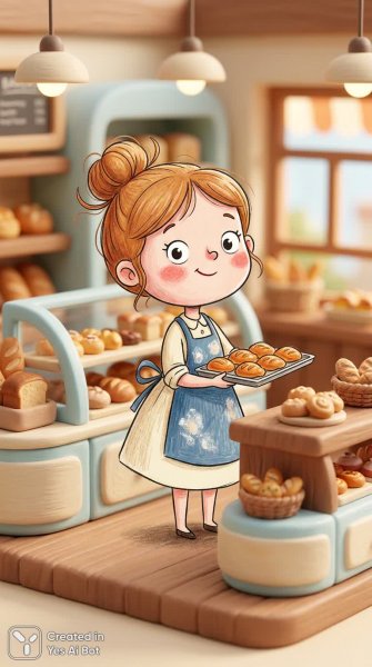 Милая девушка с пышными щеками и булочками в кондитерской. Картинка из нейросети Нано Банана