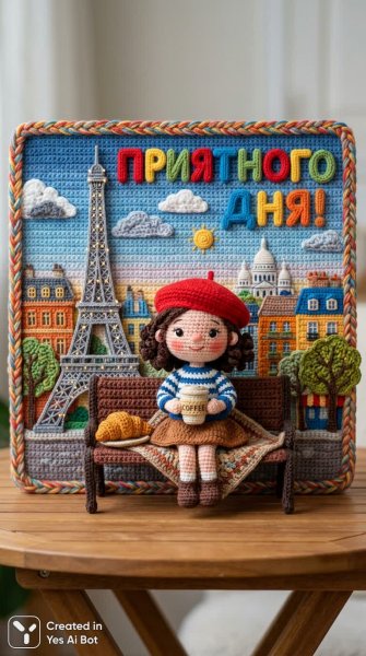 Уютная вязаная сцена в Париже с чашкой кофе и круассаном. Изображение из нейросети NanoBanana