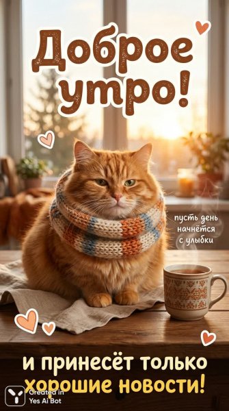 Уютное утро кота с чашкой чая и добрыми пожеланиями. Картинка из нейросети Нано Банана