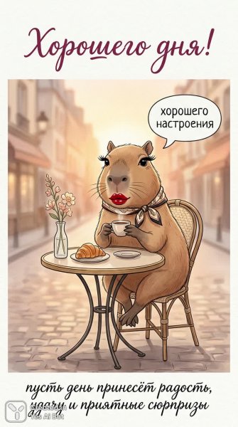 Капибара-дива наслаждается утренним кофе в Париже. Нейронная сеть NanoBanana