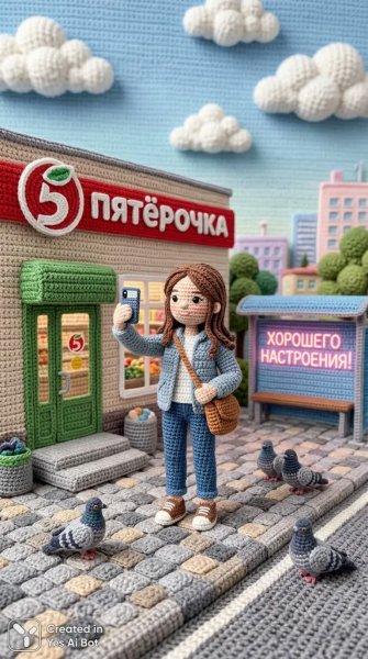 Вязаный городской сюжет: девушка с селфи у магазина Пятерочка. Картинка из нейросети Нано Банана